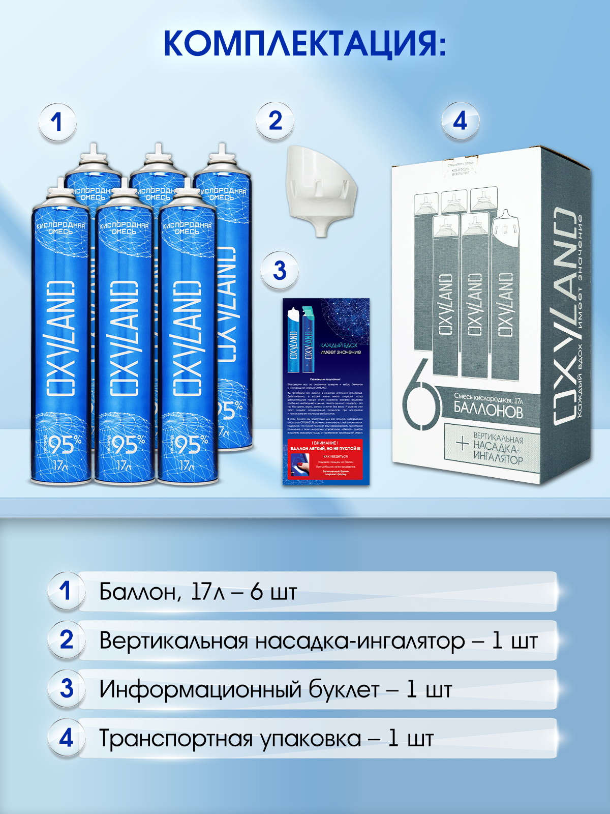Кислородные баллончики OXYLAND, 17л (6 шт.) + вертикальная насадка-ингалятор