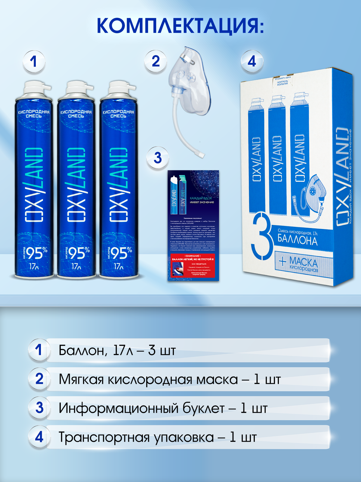Кислородные баллончики OXYLAND, 17л (3 шт.)+маска