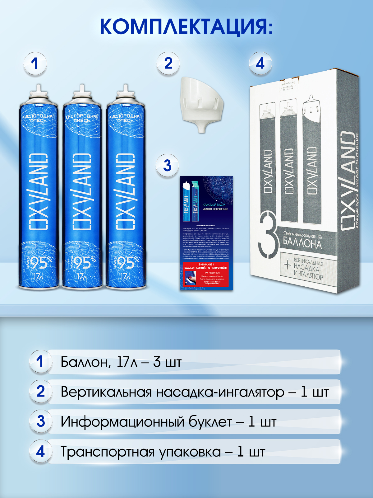 Кислородные баллончики OXYLAND, 17л (3 шт.) + вертикальная насадка-ингалятор