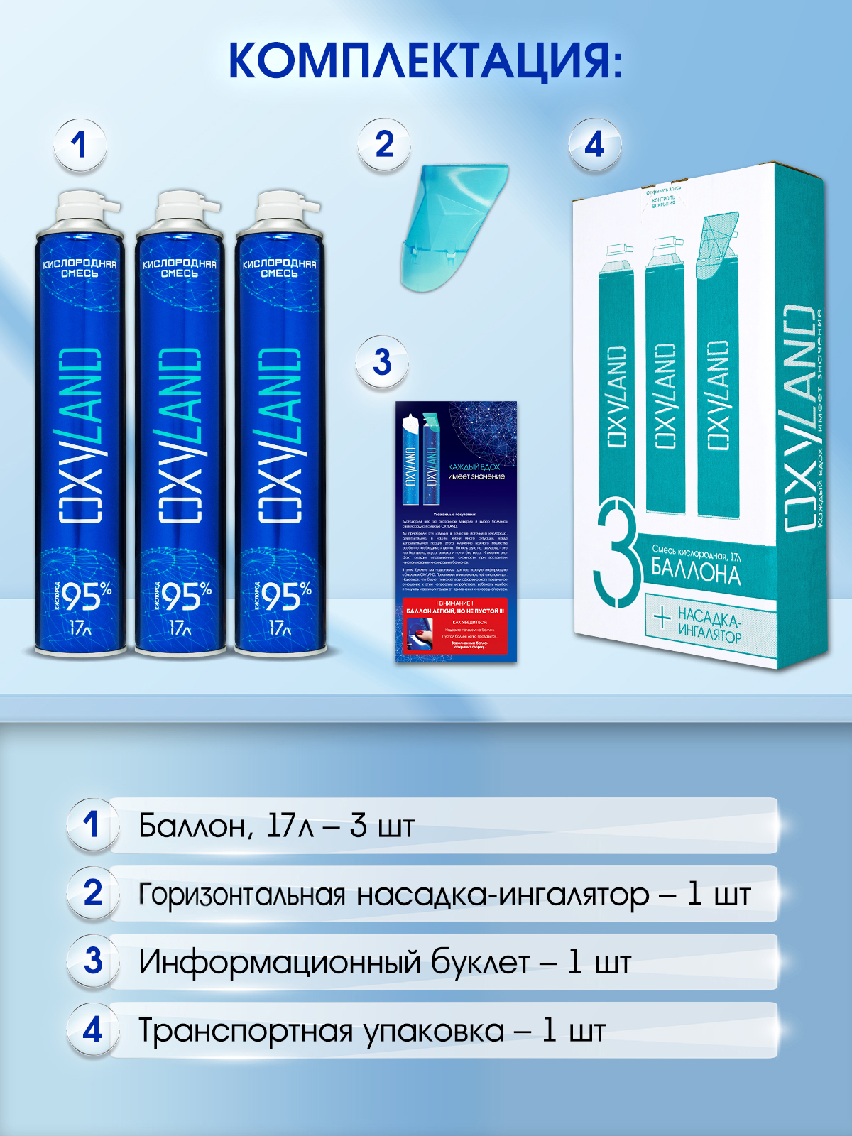 Кислородные баллончики OXYLAND, 17л (3 шт.)